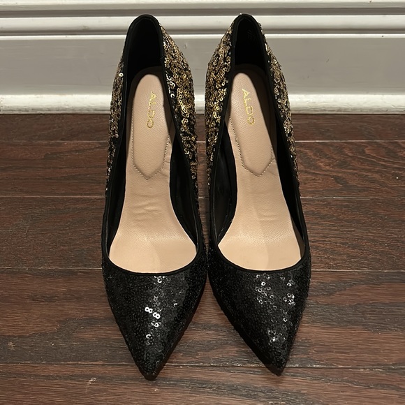ALDO Black Gold Sequins Heels Pumps Size 7.5 - Picture 3 of 15